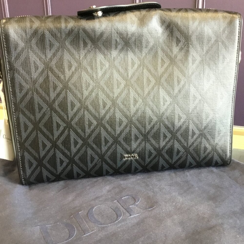 Christian Dior Lingot Briefcase Messenger Bag Men CD Diamond Coated Canvas Black